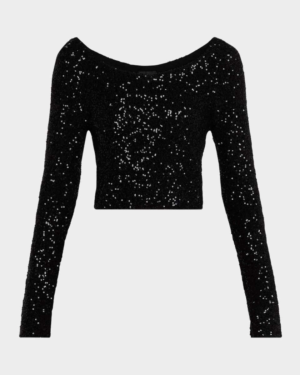 Sequin Cashmere Long-Sleeve Crop Top